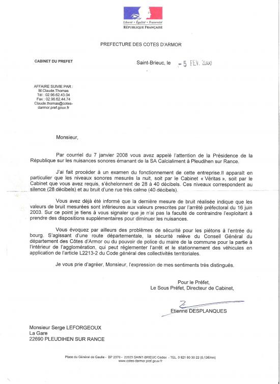 courrier de la prefecture du 07 02 2008